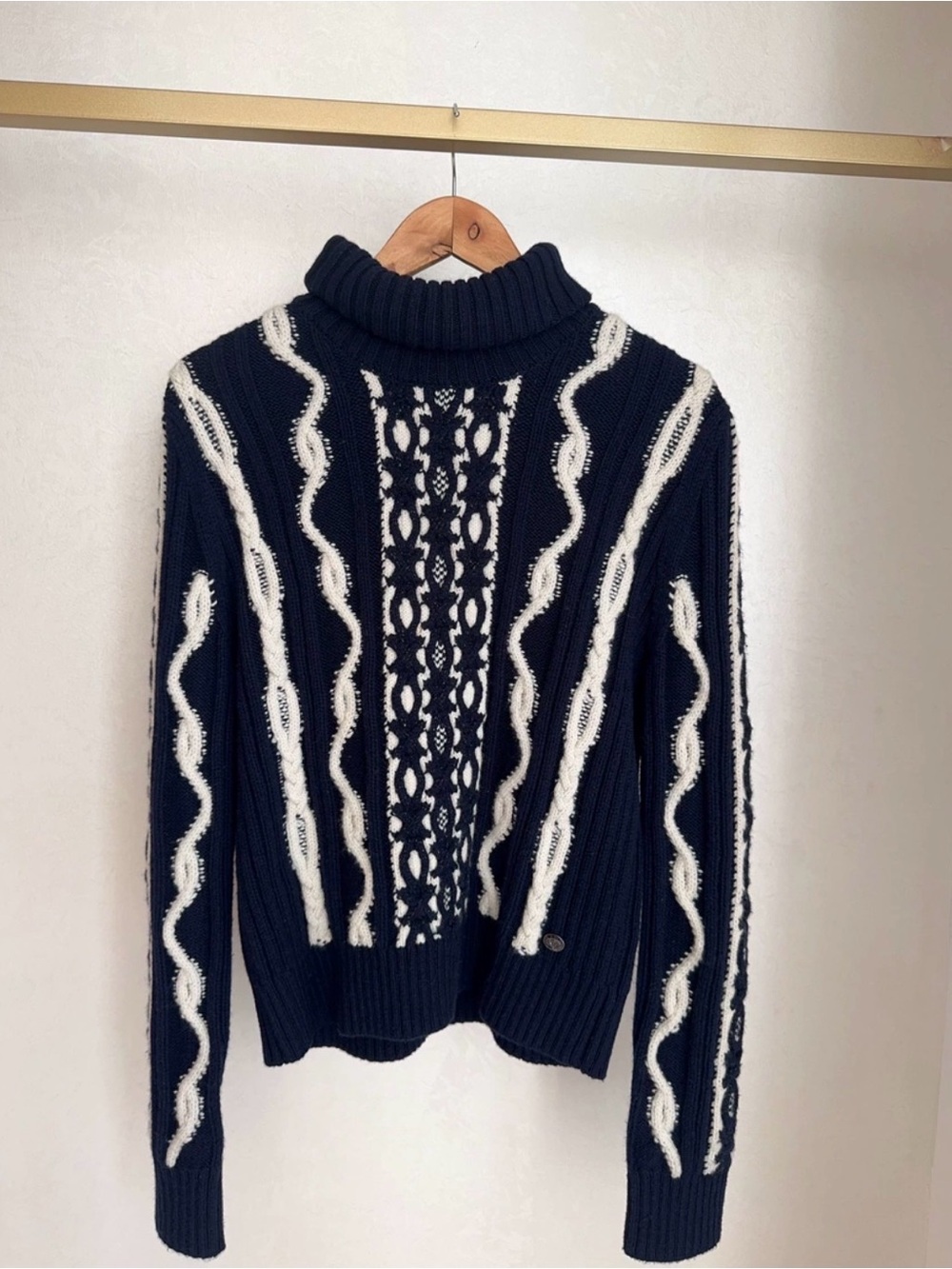 CHANEL Navy and White Cable-Detail Turtleneck Sweater